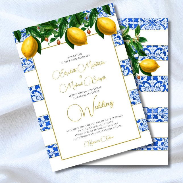Lemon Botanical Blue Tile Stripe Wedding Einladung (Von Creator hochgeladen)