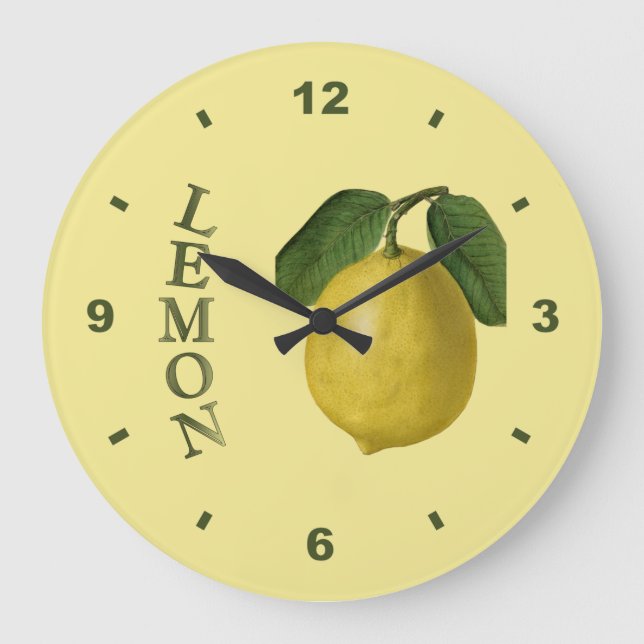 Lemon~Botanical Clock~Kitchen~Any Farbhintergrund Große Wanduhr (Vorderseite)