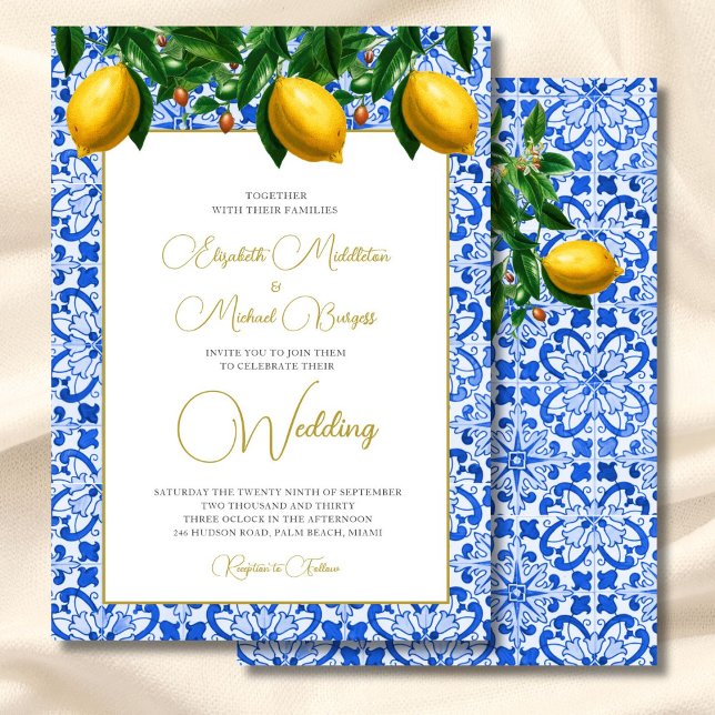 Lemon Botanical Italian Blue Tile Wedding Einladung (Von Creator hochgeladen)