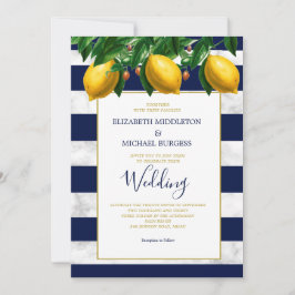 Lemon Botanical Navy White Strip Marmor Hochzeit Einladung