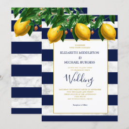 Lemon Botanical Navy White Strip Marmor Hochzeit Einladung