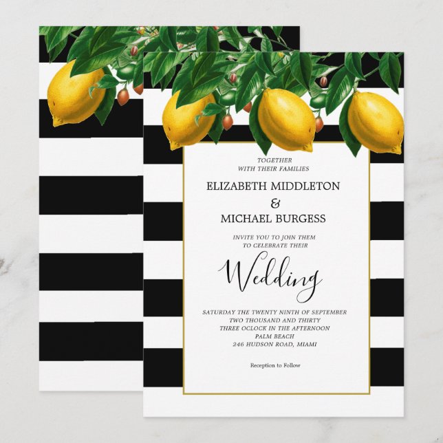 Lemon Botanical Schwarz-weiß Stripe Wedding Einladung (Vorne/Hinten)