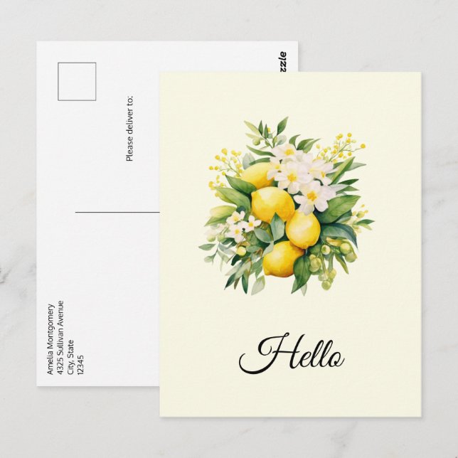 Lemon Bouquet mit weißen Blüten Hallo Postkarte (Vorne/Hinten)