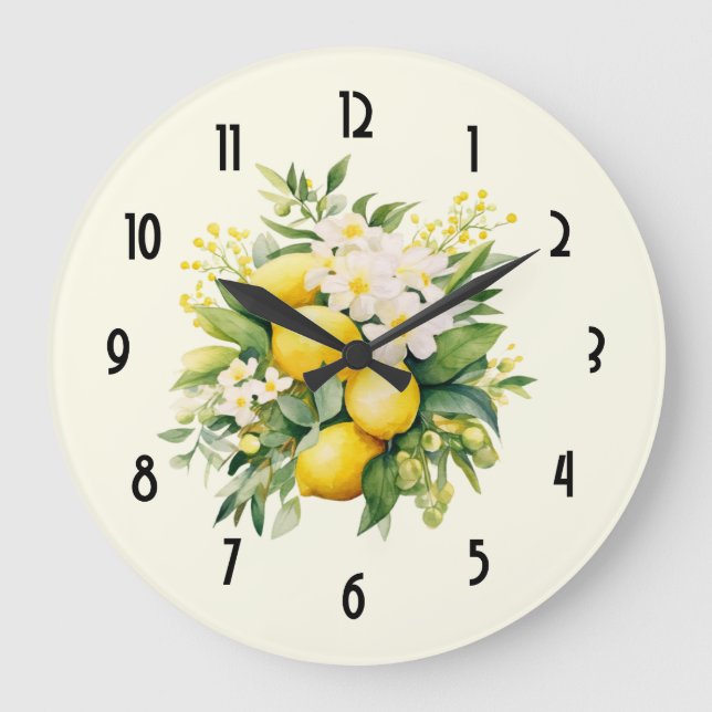 Lemon Bouquet with White Blossoms Große Wanduhr (Vorderseite)