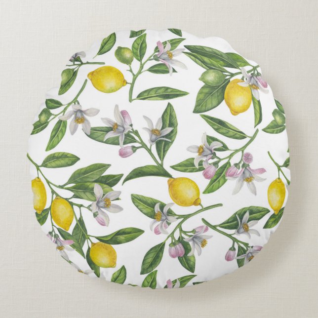 Lemon branches with blossoms and fruit on white rundes kissen (Vorderseite)