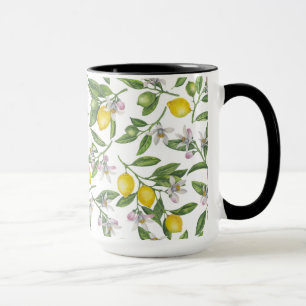 Lemon branches with blossoms and fruit on white tasse