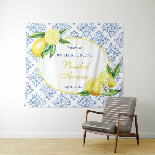 Lemon Brautparty Blue Tile Italienischer Hintergru Wandteppich (Beispiel (Horizontal))