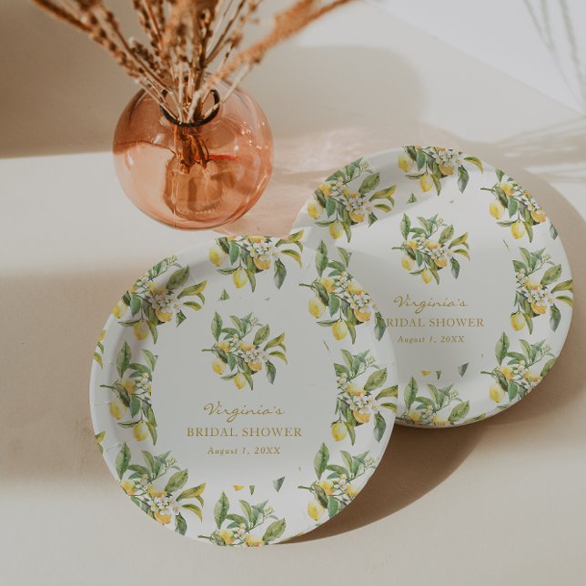 Lemon Brautparty Pappteller (Lemon Floral Bridal Shower Paper Plates by Painted Paperie
)