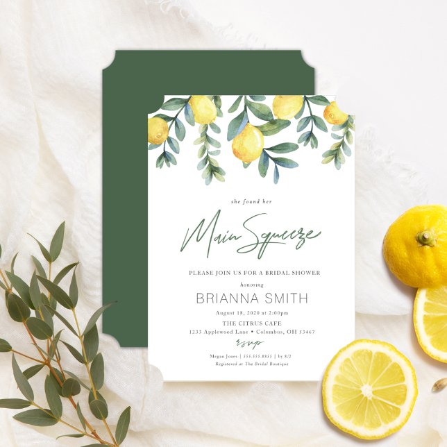 Lemon Bridal Dusche Einladung Hauptpresse (Main Squeeze elegant citrus lemon bridal shower invitations with green back side )