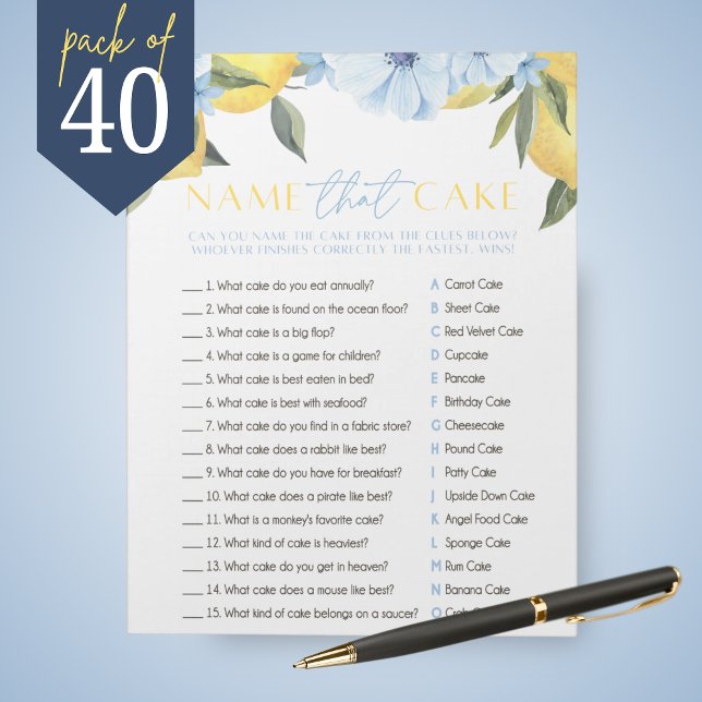 Lemon Bridal Name The Cake Dusche Game Pack Notizblock (Main Squeeze Lemon and Blue Flower Name That Cake Bridal Shower Game Pack of 40 Games)