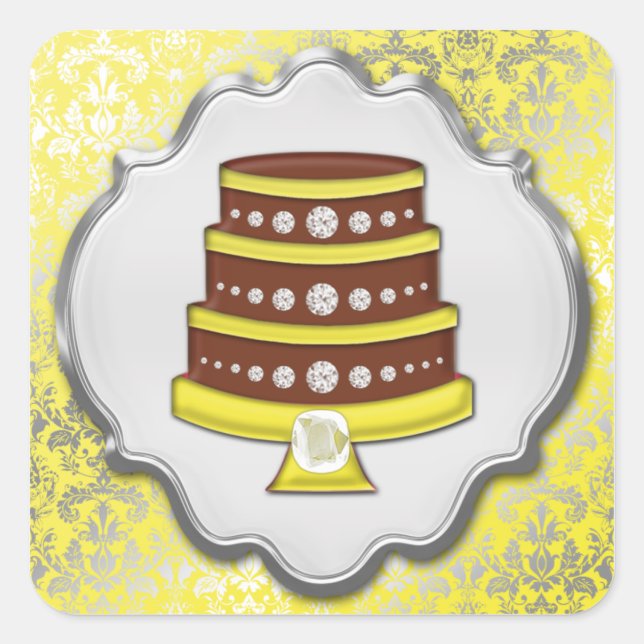 Lemon Cake Couture Damask Square Bäckerei Label Quadratischer Aufkleber (Vorderseite)