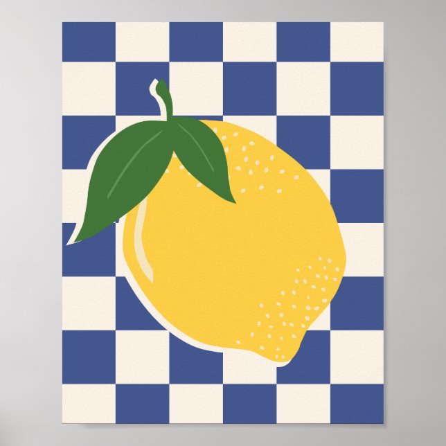 Lemon Checkerboard Retro Fruit Blue Poster (Vorne)