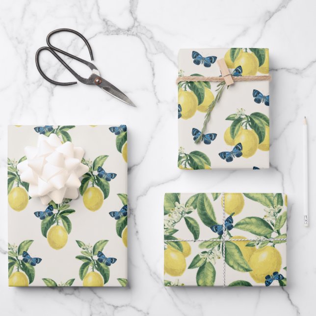 Lemon Citrus Blue Butterfells Geschenkpapier Set (Vorderseite)