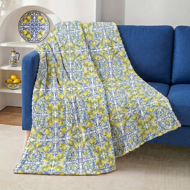 Lemon Citrus Blue Mediterranean Tile Pattern Fleecedecke (Lemon Citrus Blue Mediterranean Tile Pattern Fleece Blanket )