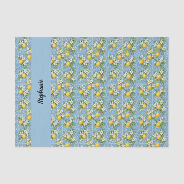 Lemon Citrus Blue Tile Pattern Monogram Name Seidenpapier (Vorderseite)