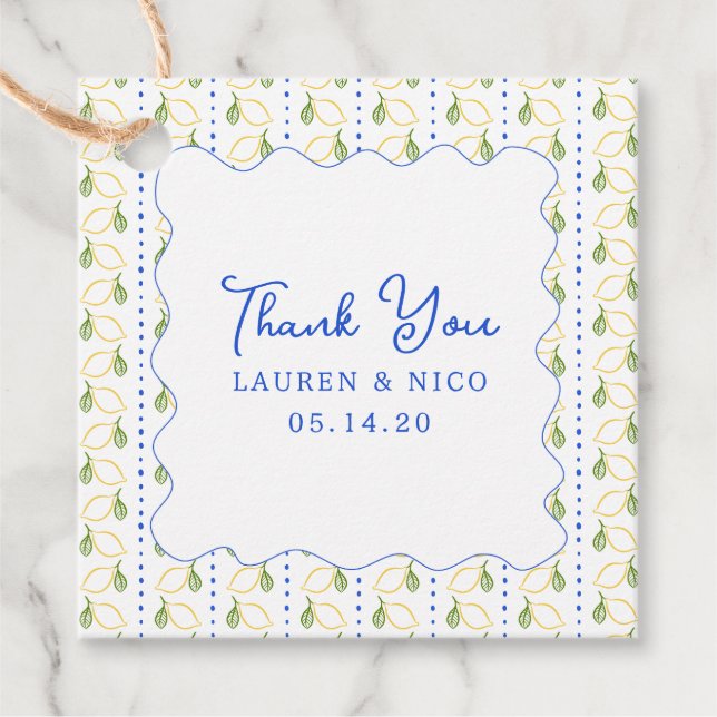 Lemon Citrus Blue & Yellow Wedding Vielen Dank Geschenkanhänger (Vorderseite)