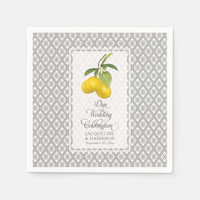 Lemon Citrus Blume Gelbe graue Hochzeit Serviette (Vorderseite)