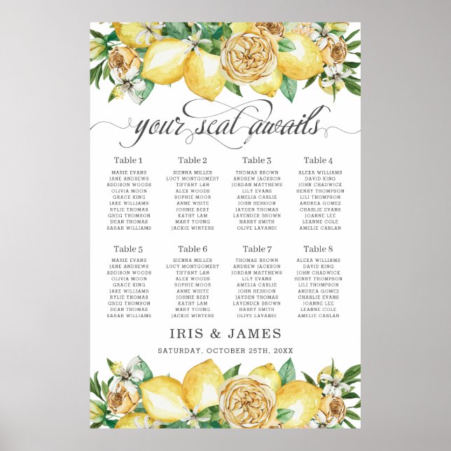Lemon Citrus Blumengrün Hochzeitsskizze Poster (Vorne)