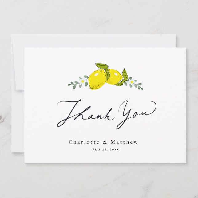 Lemon Citrus Floral Caligraphy Hochzeit Dankeskarte (Vorderseite)