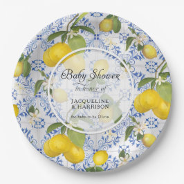 Lemon Citrus Floral Foliage Blue White Baby Dusche Pappteller