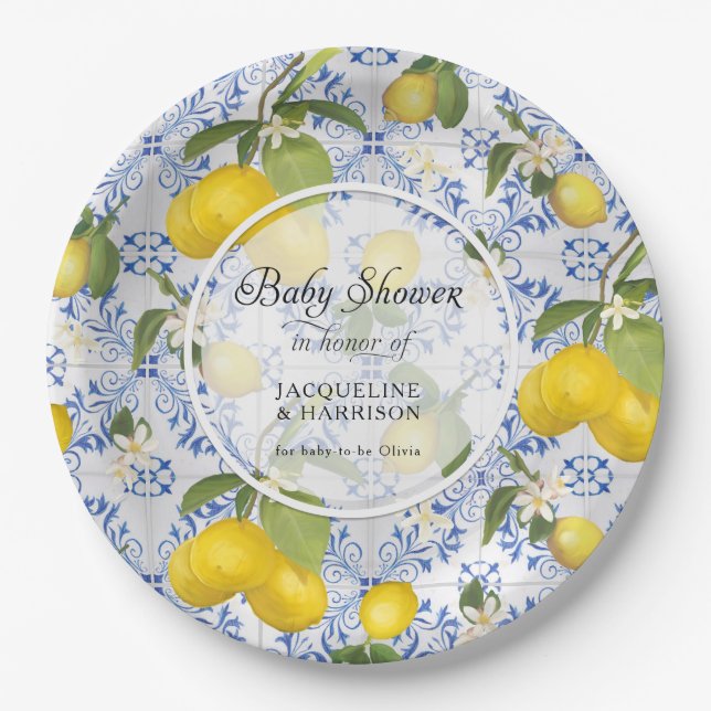 Lemon Citrus Floral Foliage Blue White Baby Dusche Pappteller (Vorderseite)