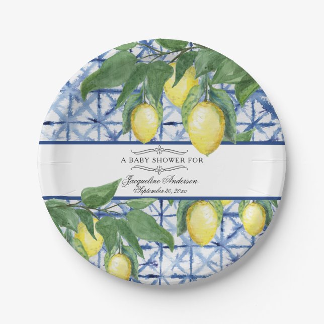 Lemon Citrus Floral Foliage Blue White Baby Dusche Pappteller (Vorderseite)