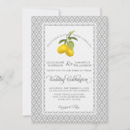 Lemon Citrus Floral Grau gelbe weiße Hochzeit Einladung