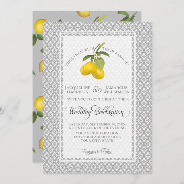 Lemon Citrus Floral Grau gelbe weiße Hochzeit Einladung (Vorne/Hinten)