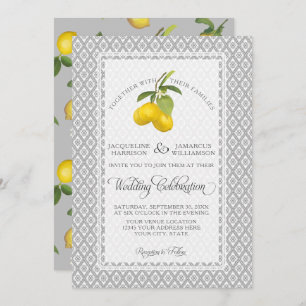Lemon Citrus Floral Grau gelbe weiße Hochzeit Einladung