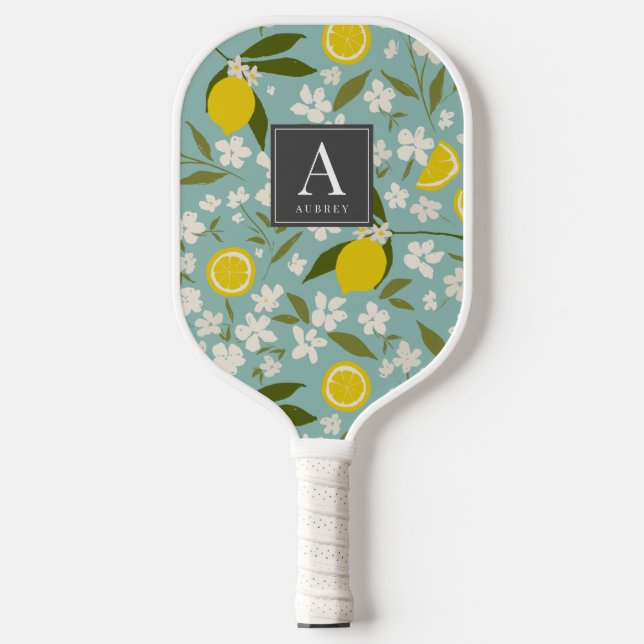 Lemon Citrus Floral Muster Sky Blue Pickleball Schläger (Vorderseite)