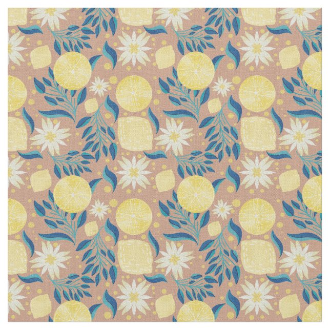 Lemon Citrus Floral Peach Stoff (Nahaufnahme)