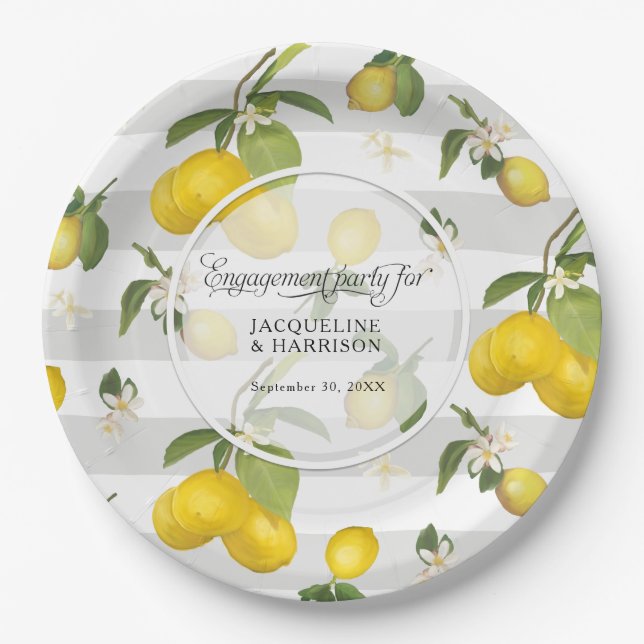 Lemon Citrus Floral White Strip Engagement Party Pappteller (Vorderseite)
