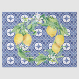 Lemon Citrus Foliage Farmhouse Navy Blue in White Seidenpapier