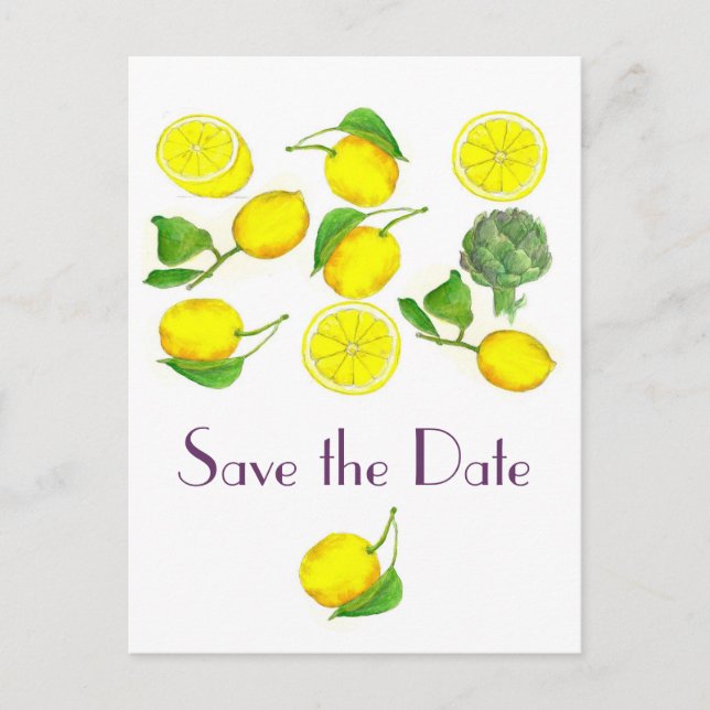 Lemon Citrus Frucht Wasserfarbe Save the Date Ankündigungspostkarte (Vorderseite)