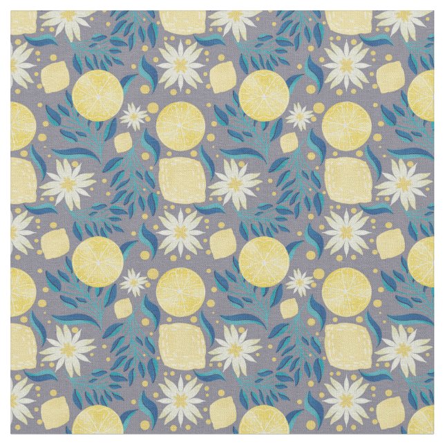 Lemon Citrus Gray Floral Stoff (Nahaufnahme)