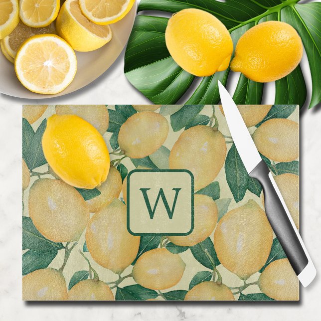 Lemon Citrus Greenery Mit Monogramm Schneidebrett (Lemon Citrus Greenery Monogrammed Glass Cutting Board)