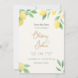 Lemon Citrus Greenery Save the Date Photo Back Einladung