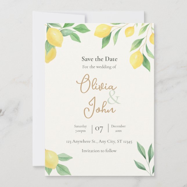 Lemon Citrus Greenery Save the Date Photo Back Einladung (Vorderseite)