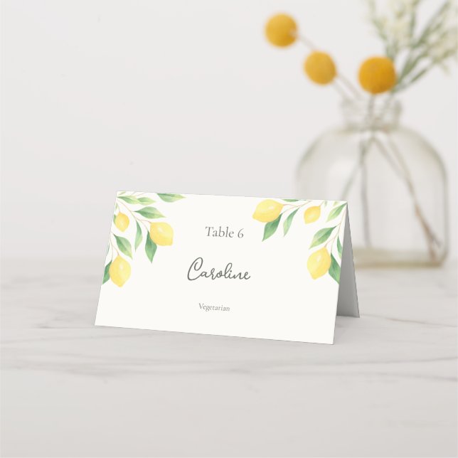 Lemon Citrus Greenery Wedding Place Card with Meal Platzkarte (Vorderseite)