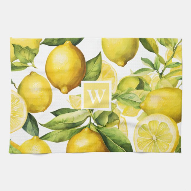 Lemon Citrus Muster Monogram Geschirrtuch (Horizontal)