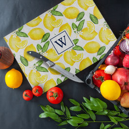 Lemon Citrus Muster Monogram White Tischset Schneidebrett