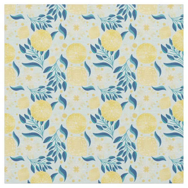 Lemon Citrus Pastel Blue Floral Stoff (Nahaufnahme)