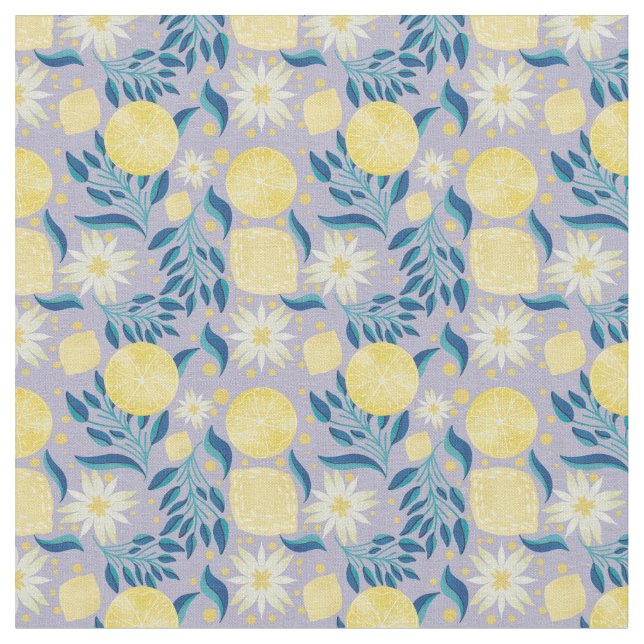 Lemon Citrus Periwinkle Floral Stoff (Nahaufnahme)