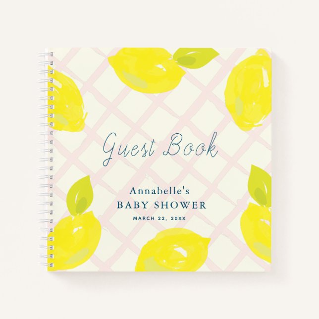 Lemon Citrus Pink Karo Baby Showbook Notizbuch (Vorderseite)