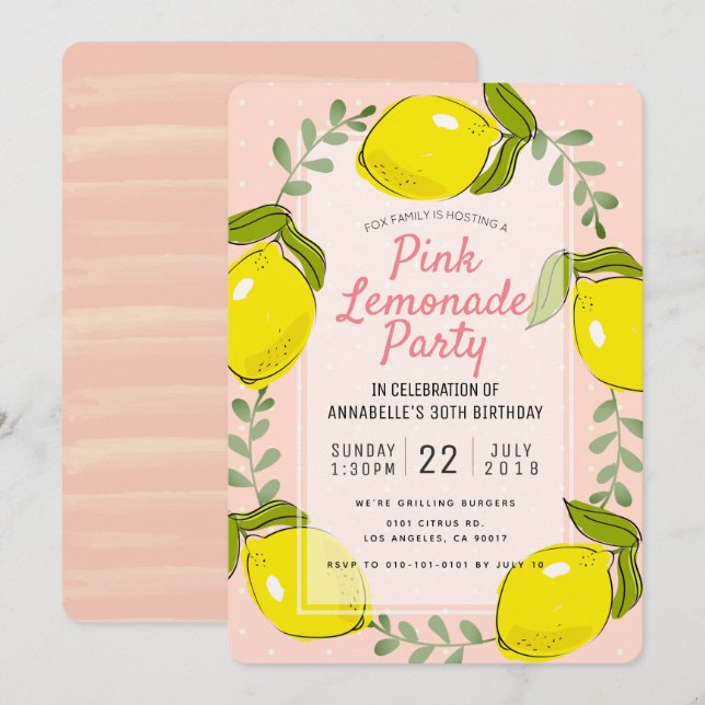 Lemon Citrus Pink Lemonade Party Einladung (Vorne/Hinten)