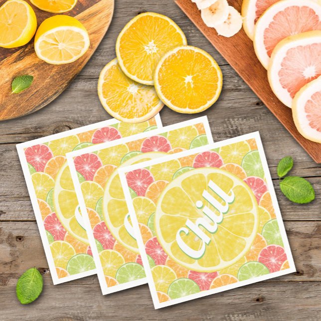 Lemon Citrus Slices Chill Party Serviette (Chill text on lemon, lime, orange and grapefruit citrus slices summer party napkins)