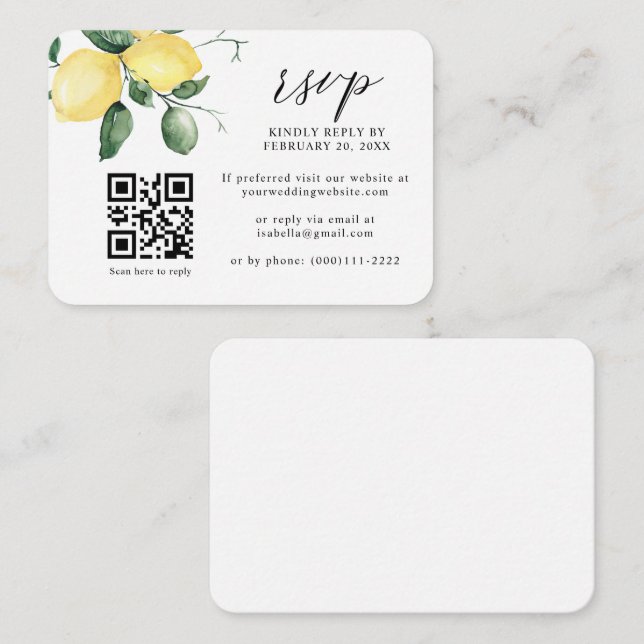 Lemon Citrus Summer Fruits QR Code Wedding RSVP Begleitkarte (Vorne/Hinten)