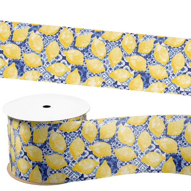 Lemon Citrus Watercolor Blue Mediterranean Tile Satinband (Watercolor lemons on a blue and white Mediterranean tile background patterned satin ribbon)
