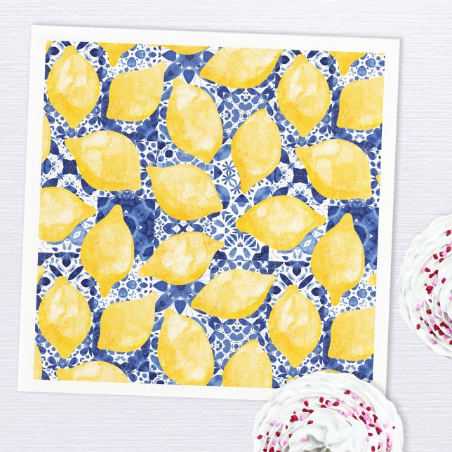 Lemon Citrus Watercolor Blue Mediterranean Tile Serviette (Watercolor lemons on a blue and white Mediterranean tile background patterned party paper napkins)