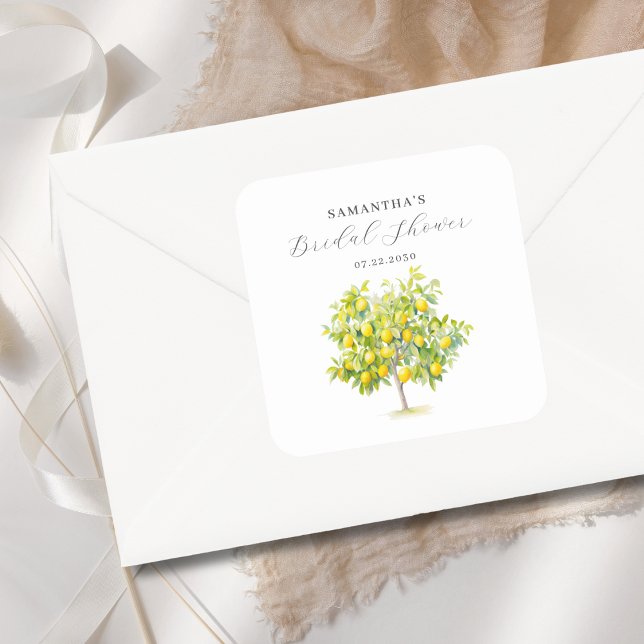 Lemon Citrus Watercolor Brautparty Quadratischer Aufkleber (Von Creator hochgeladen)